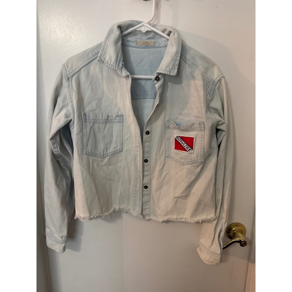 Chelsea & Violet Hand Painted Scuba SharkDenim Jacket Bonaire Cropped Light Wash